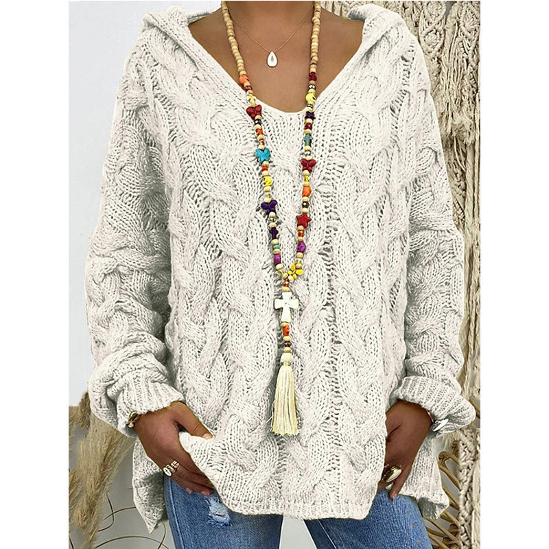 Damen Hoody aus Grobstrick mit V-Ausschnitt und dekorativem Kordelzug Stilzeits