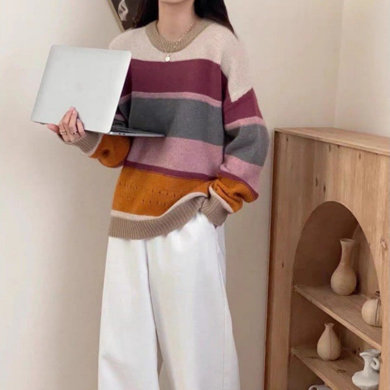 Damen Grob gestrickter Pullover mit lässigen Streifen Stilzeits