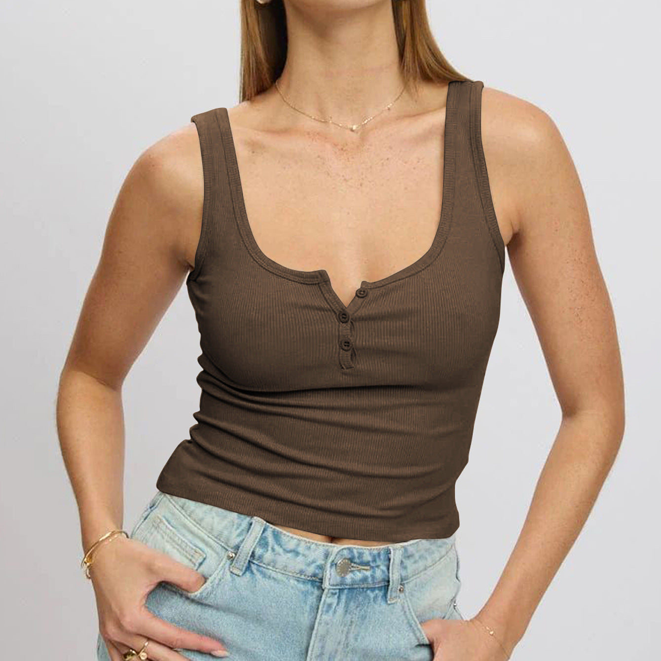 Damen körperbetontes Ripp-Top mit Knopfleiste und weitem Ausschnitt Stilzeits