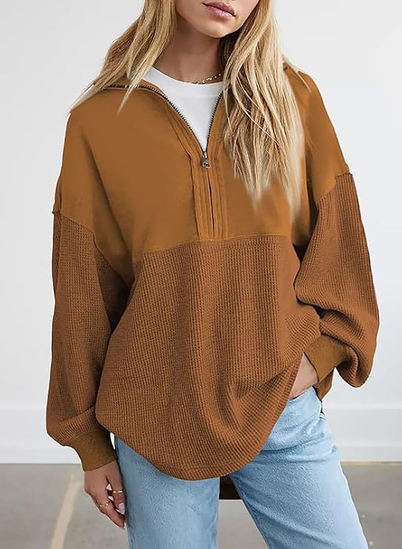 Damen lässiger Kapuzenpullover mit halblangem Reißverschluss und strukturiertem Material Stilzeits