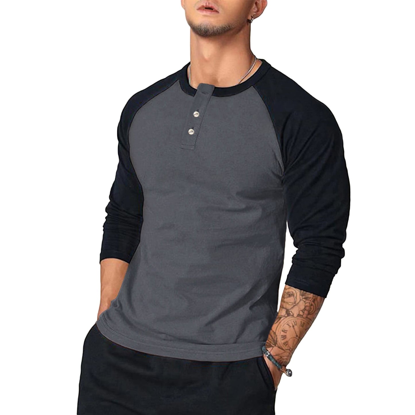 Herren Langarm-Henley-Shirt mit Kontrastärmel Stilzeits