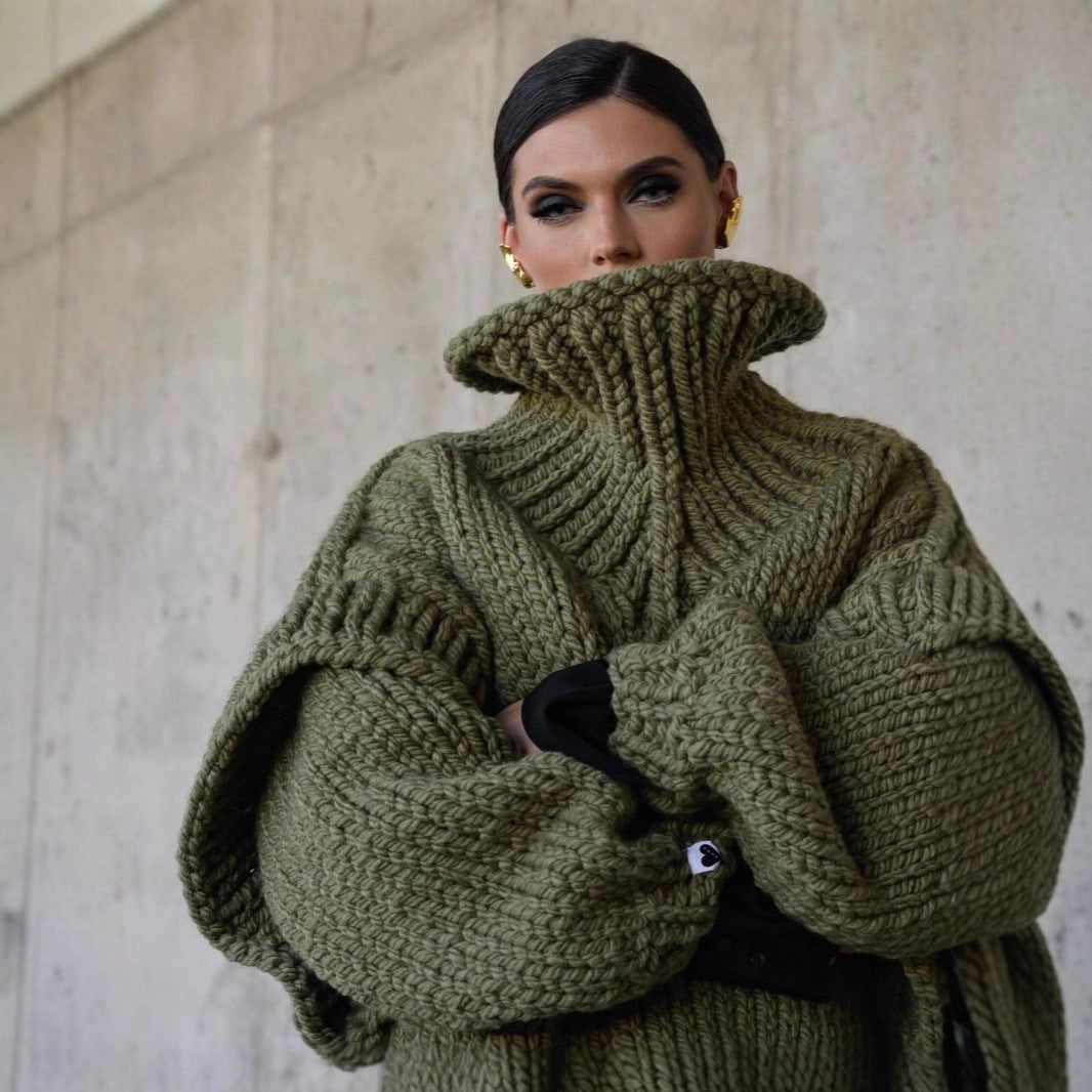 Damen Oversized Strickpullover mit hohem Kragen und voluminösen Ärmeln Stilzeits