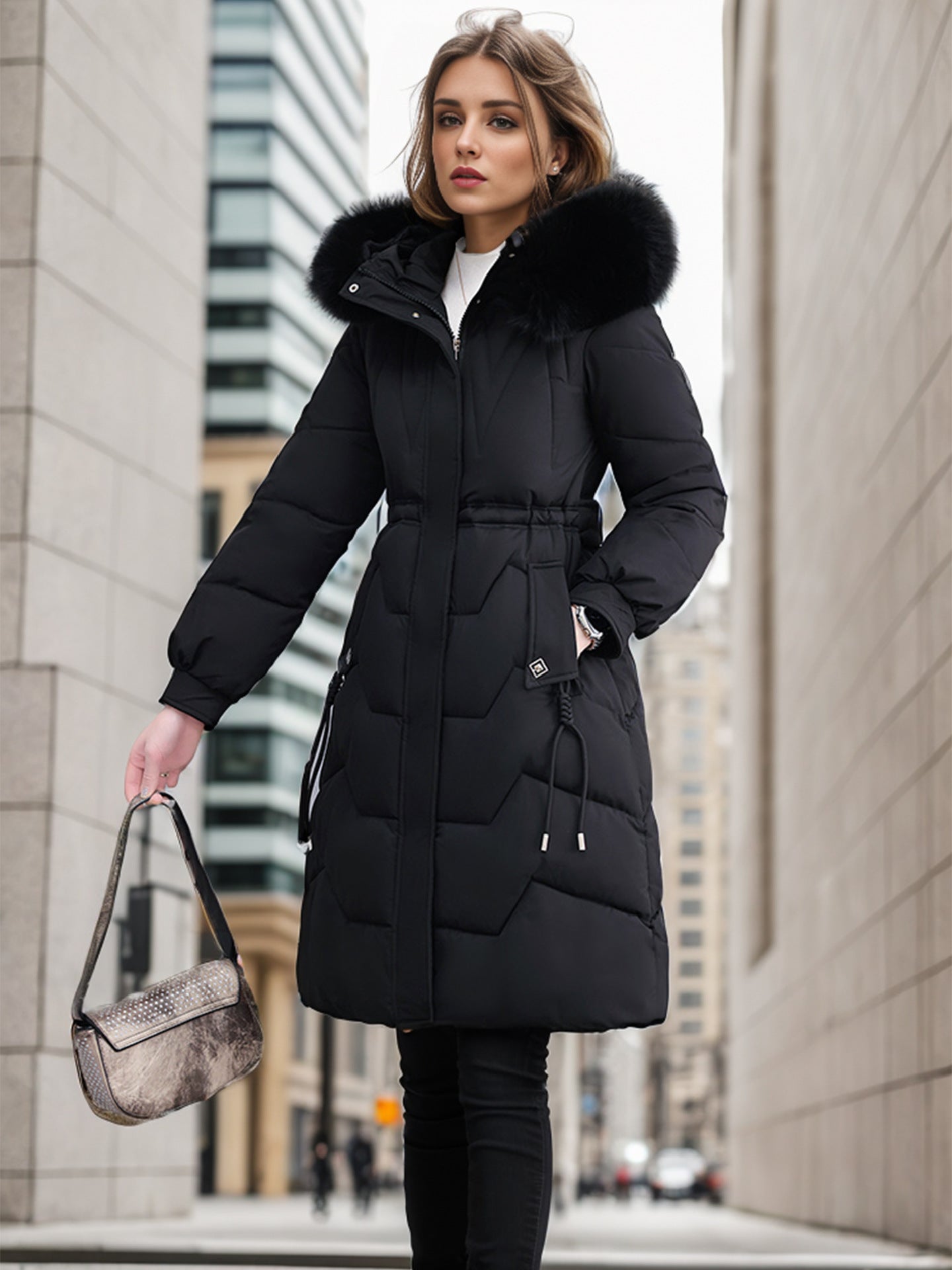 Damen eleganter und isolierter Wintermantel mit abnehmbarem Kunstfellkragen Stilzeits