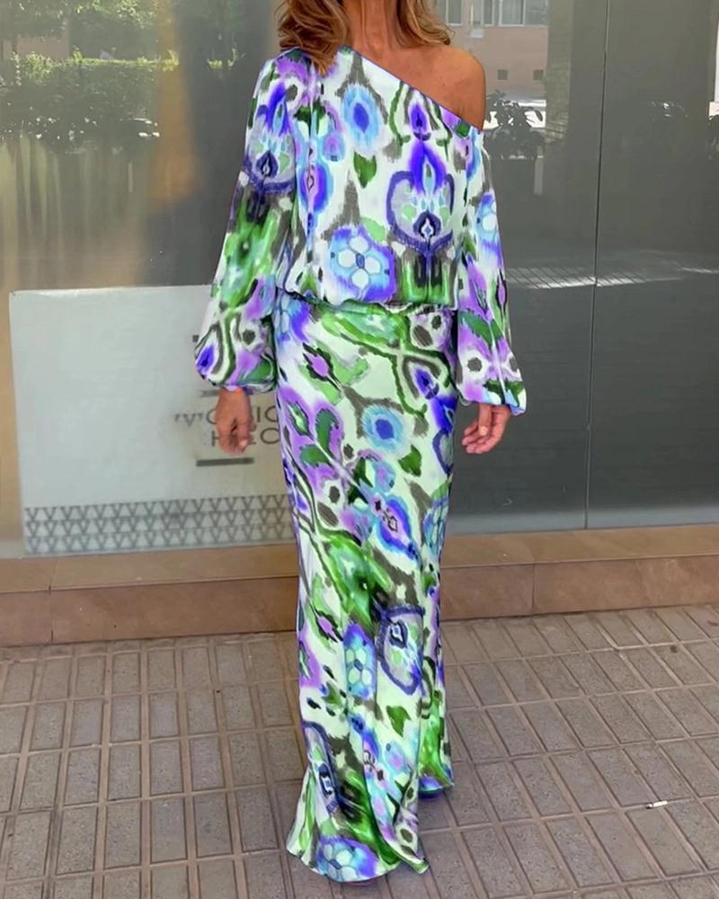 Damen Elegantes Maxikleid im grafischen Batikdesign mit Off-Shoulder-Ausschnitt und voluminösen Ärmeln Stilzeits