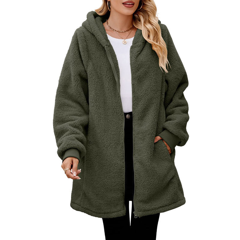 Damen kuschelige Fleecejacke mit Kapuze und seitlichen Eingrifftaschen Stilzeits
