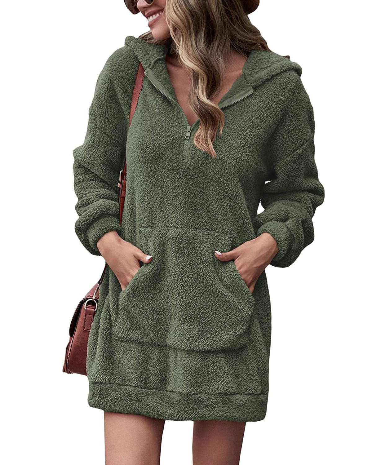 Damen Kuscheliger Hoodie-Kleid mit praktischen Taschen und halben Reißverschluss Stilzeits