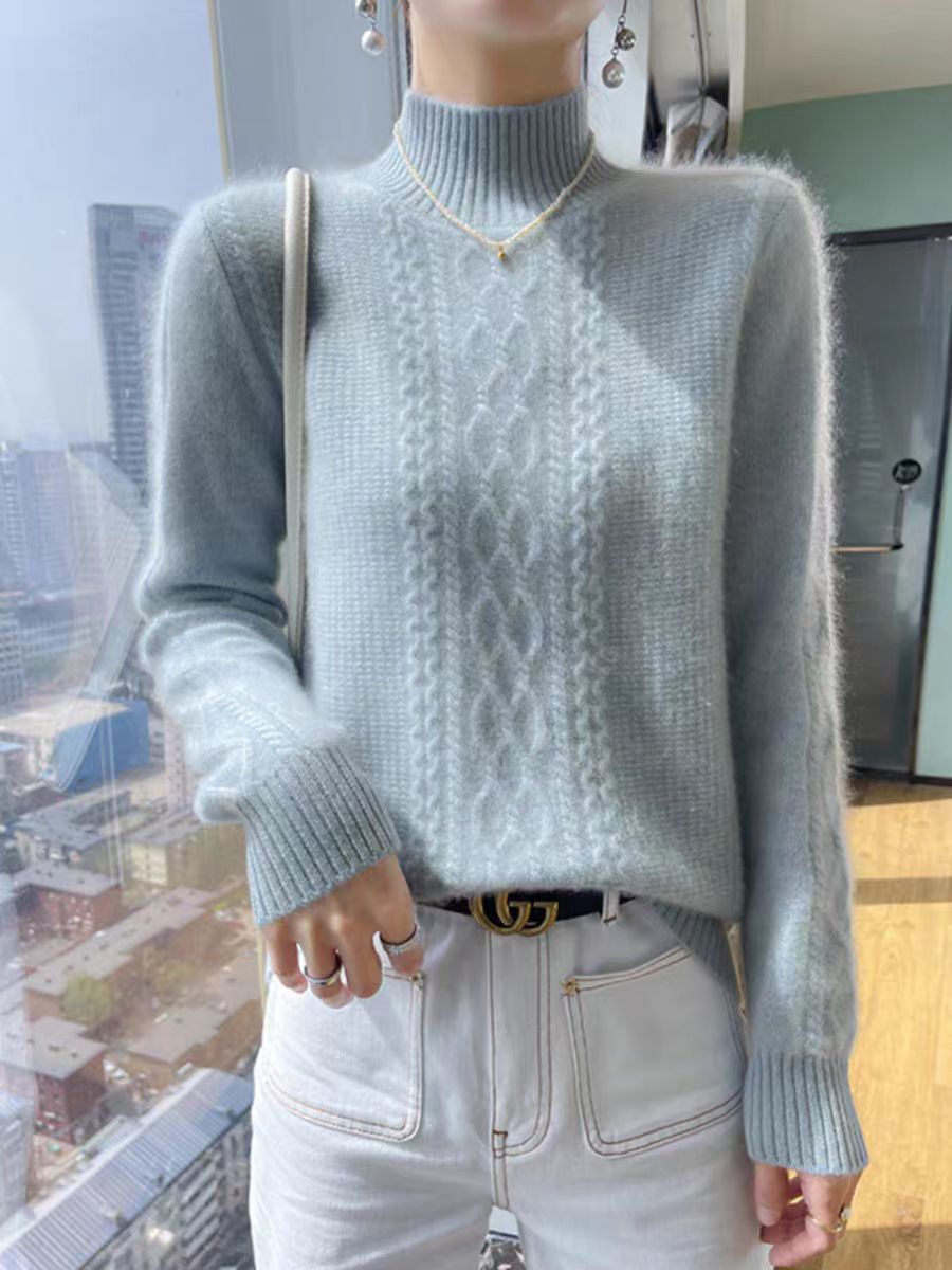 Damen Strickpullover mit elegantem Zopfmuster und hoch geschlossenem Kragen Stilzeits