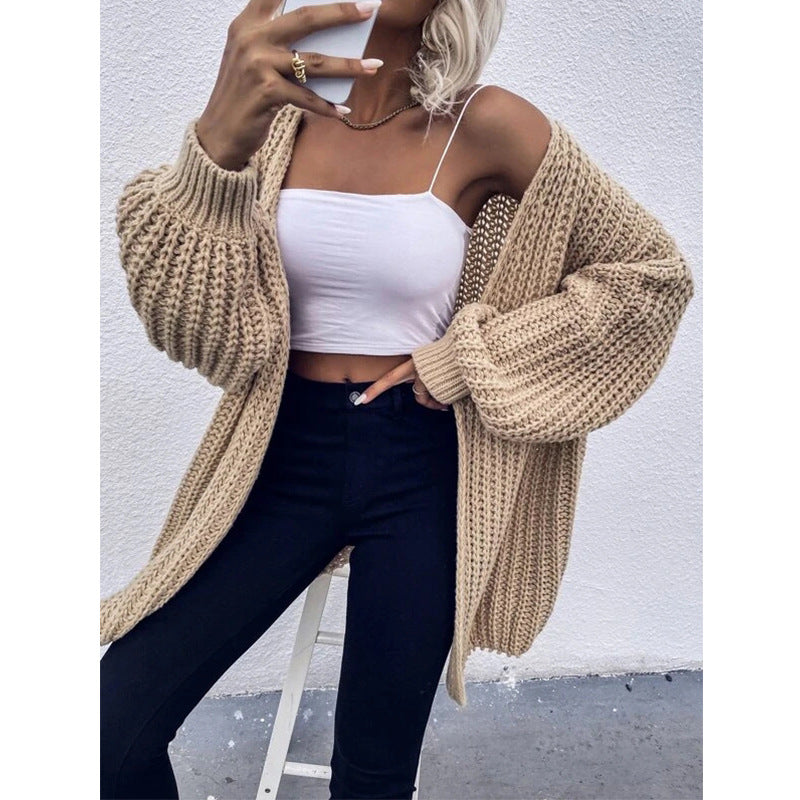 Damen Grobstrickjacke mit voluminösen Ärmeln und offener Front Stilzeits