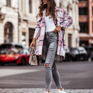 Damen Karierte Overshirt-Jacke mit praktischen Brusttaschen Stilzeits