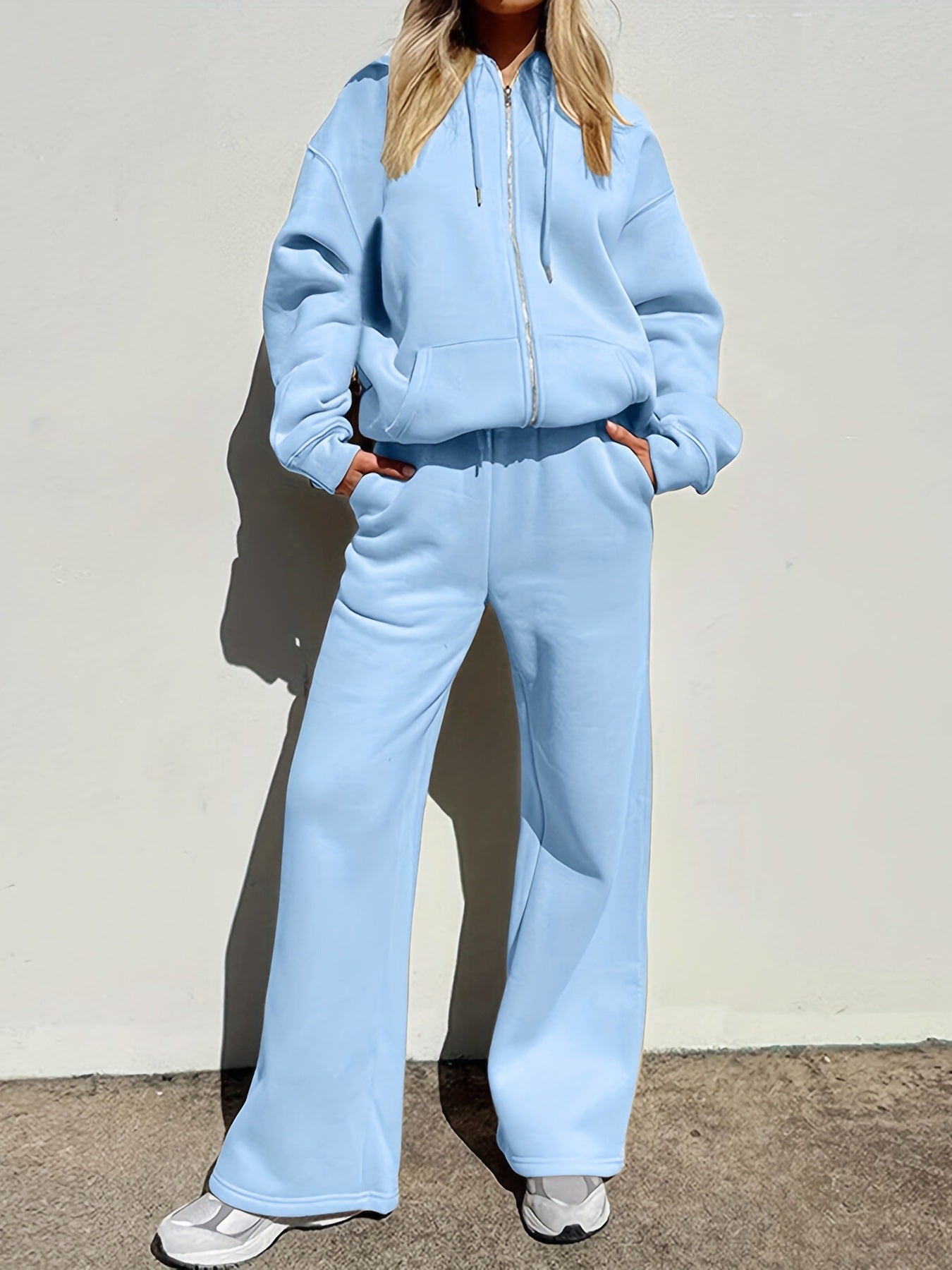 Damen bequemer und stilvoller Loungewear-Anzug mit zipbarem Hoodie und weitem Bein Stilzeits