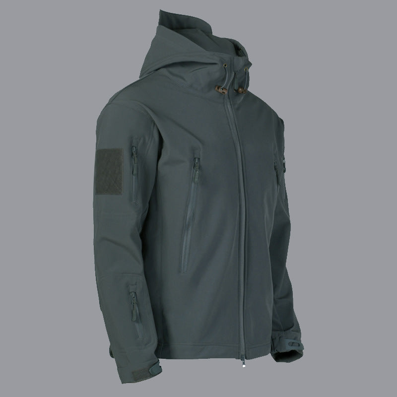 Herren technische Softshell-Jacke mit multifunktionalen Taschen und verstellbarem Kapuzensystem Stilzeits