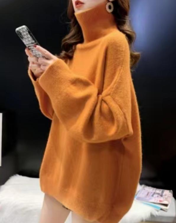 Damen Oversized Pullover mit hohem Kragen und Puffärmeln Stilzeits