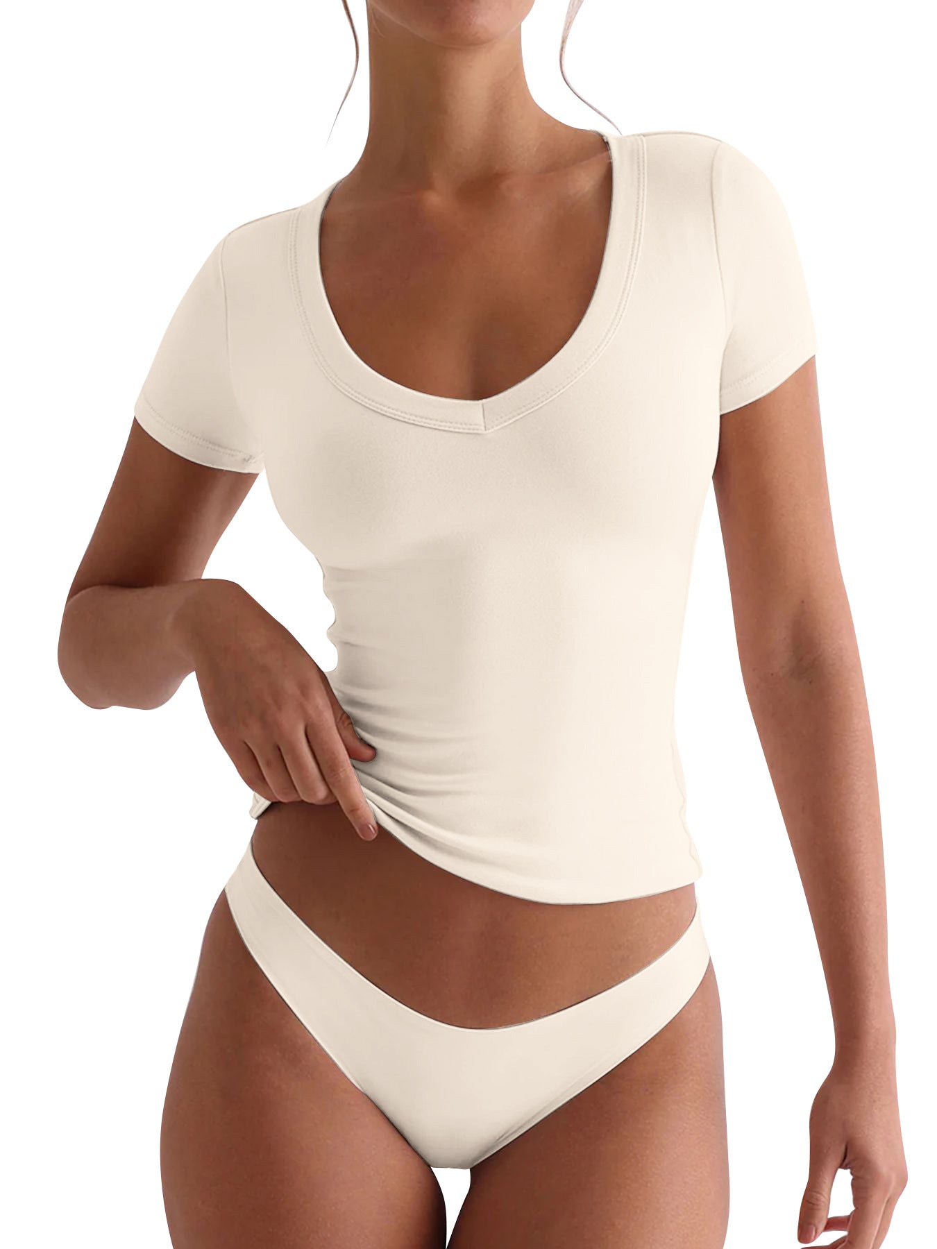 Damen figurbetontes V-Neck T-Shirt mit kurzen Ärmeln Stilzeits