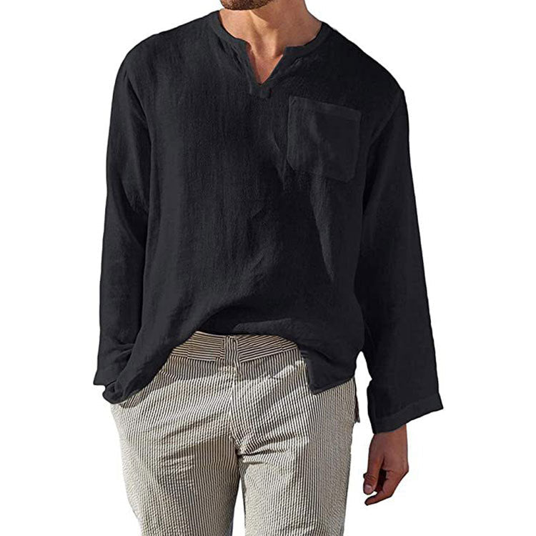 Herren Leinen Langarmshirt mit Henley-Ausschnitt und Brusttasche Stilzeits