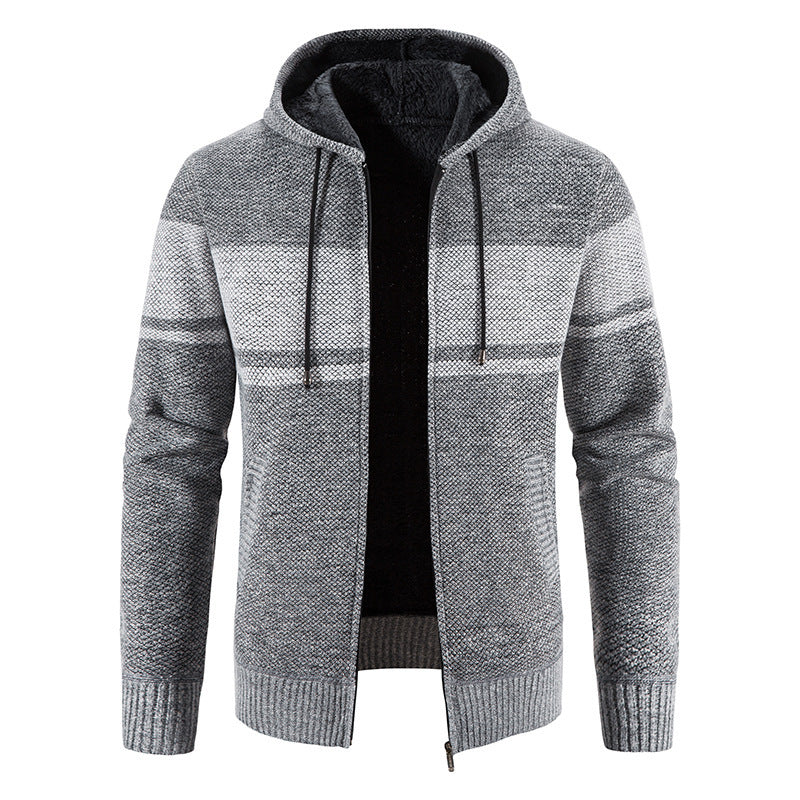 Herren Strickjacke mit Kapuze und kontrastierendem Streifenmuster Stilzeits