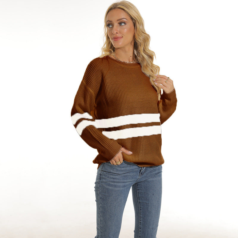 Damen Grobstrickpullover mit sportlichem Streifenmuster und lockerer Passform Stilzeits