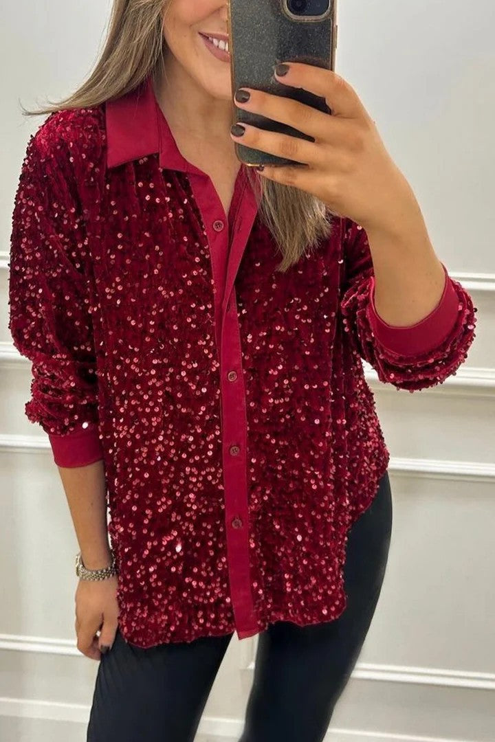 Damen Glitzernde Bluse aus Pailletten mit klassischem Kragen Stilzeits
