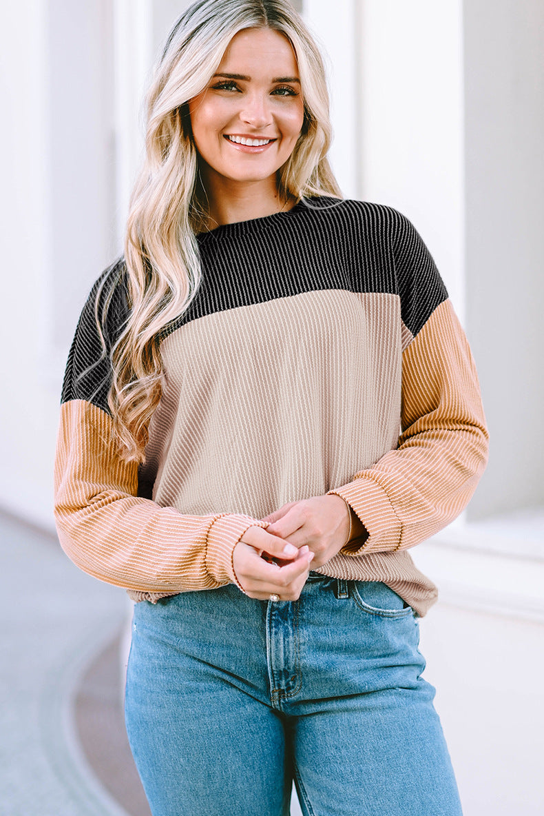 Damen lässiger Pullover mit Rippstruktur und Farbblöcken Stilzeits