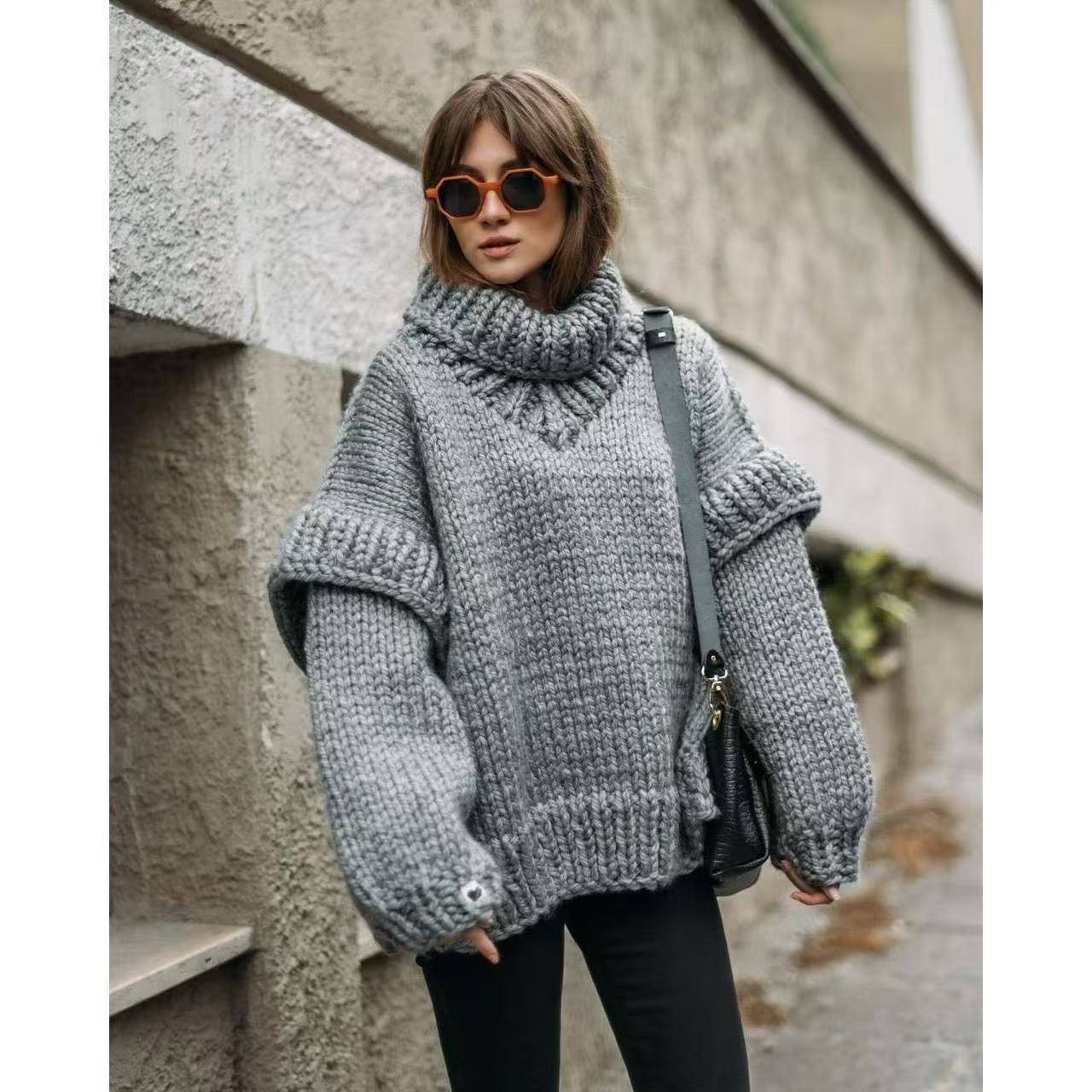 Damen Oversized Strickpullover mit hohem Kragen und voluminösen Ärmeln Stilzeits
