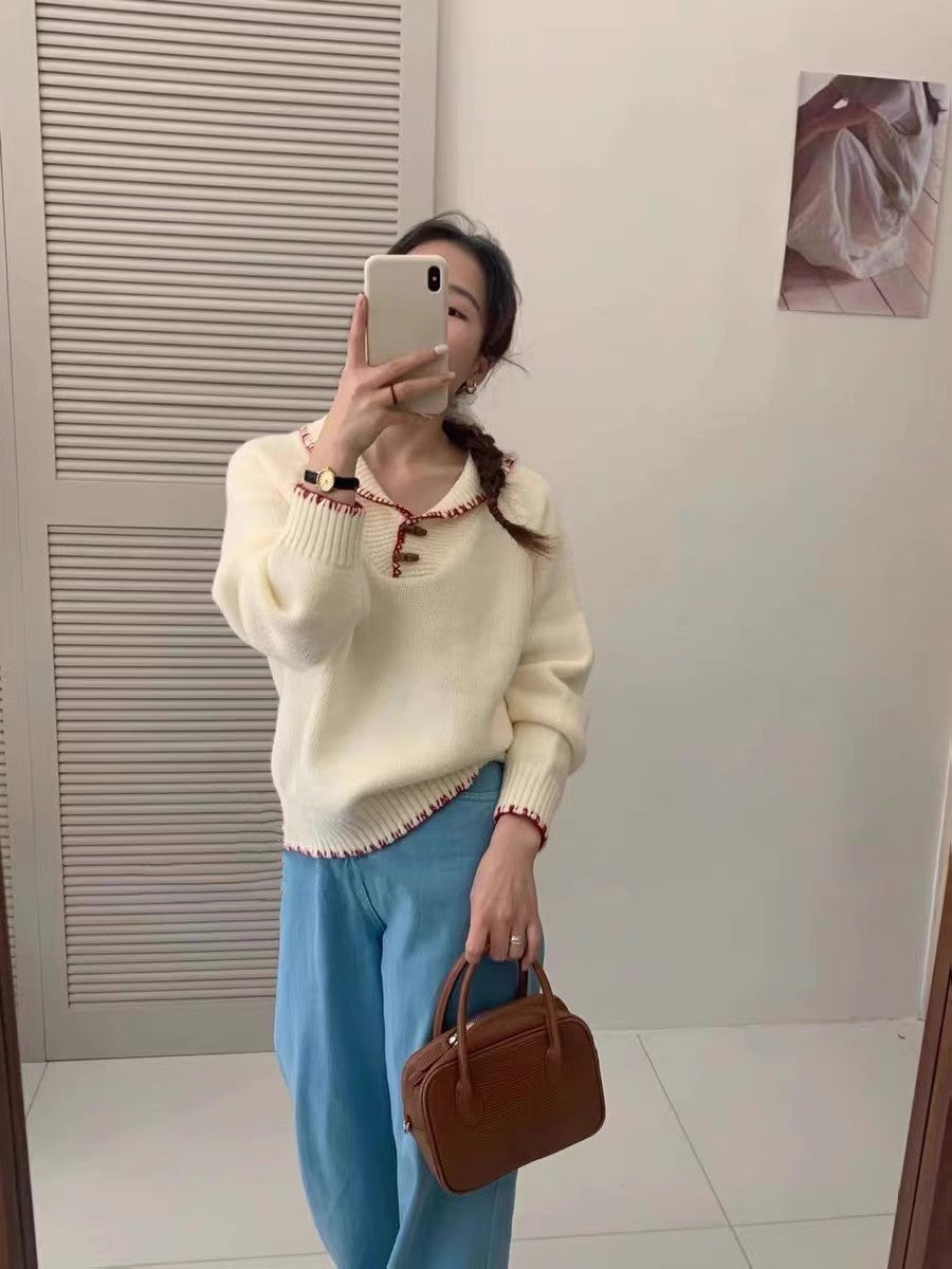 Damen lässiger Strickpullover mit einzigartigem Knopfdesign und Kontrastdetails Stilzeits