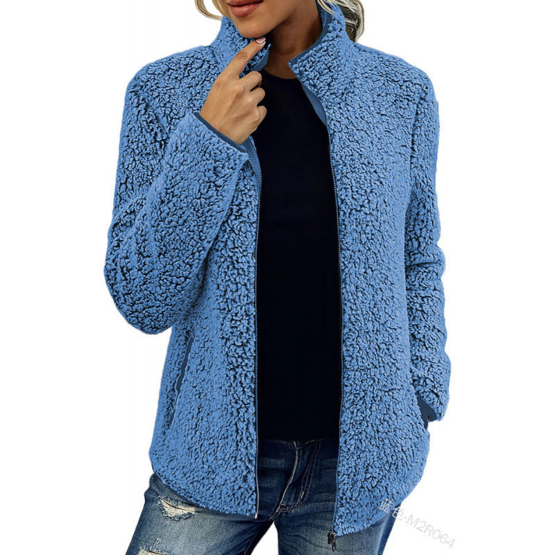 Damen flauschige Fleecejacke mit hohem Kragen und seitlichen Taschen Stilzeits