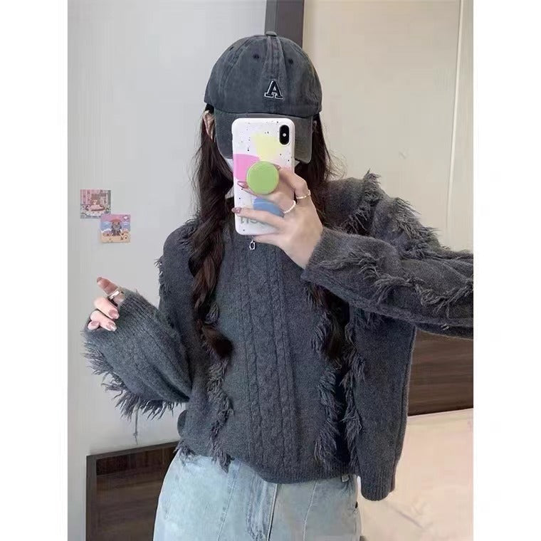 Damen Grobstrickpullover mit fransigen Details und lässigem Schnitt Stilzeits
