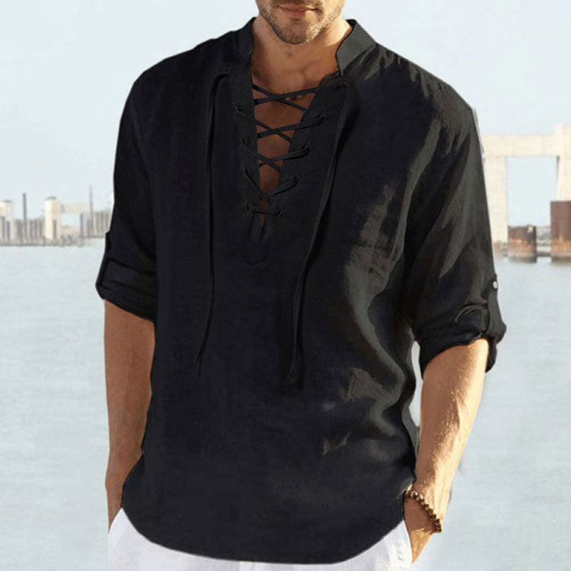 Herren luftige Leinenbluse mit dekorativem Schnürverschluss Stilzeits