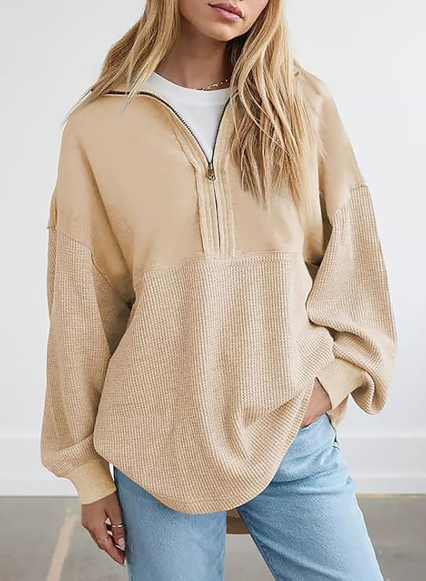 Damen lässiger Kapuzenpullover mit halblangem Reißverschluss und strukturiertem Material Stilzeits