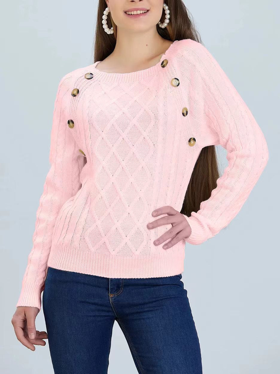 Damen Strickpullover mit klassischem Rautenmuster und dekorativen Knöpfen Stilzeits