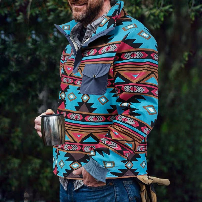 Herren Pulloverjacke mit farbenfrohem, geometrischem Design und praktischer Brusttasche Stilzeits