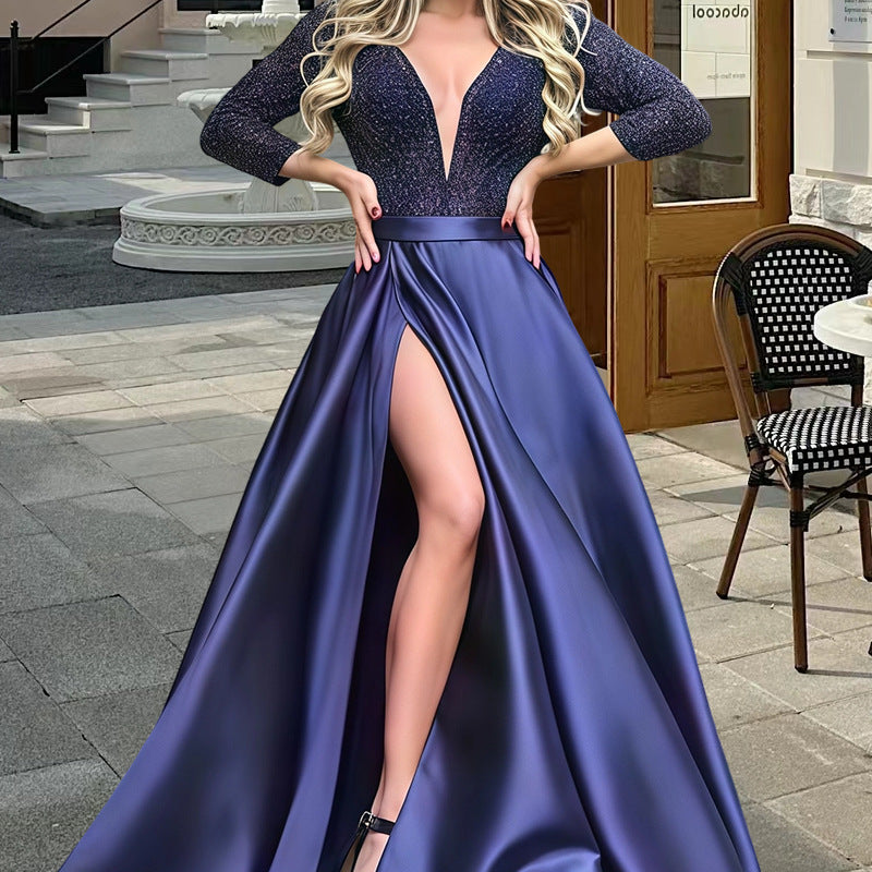 Damen Elegantes Abendkleid mit tiefem V-Ausschnitt und seitlichem Schlitz Stilzeits