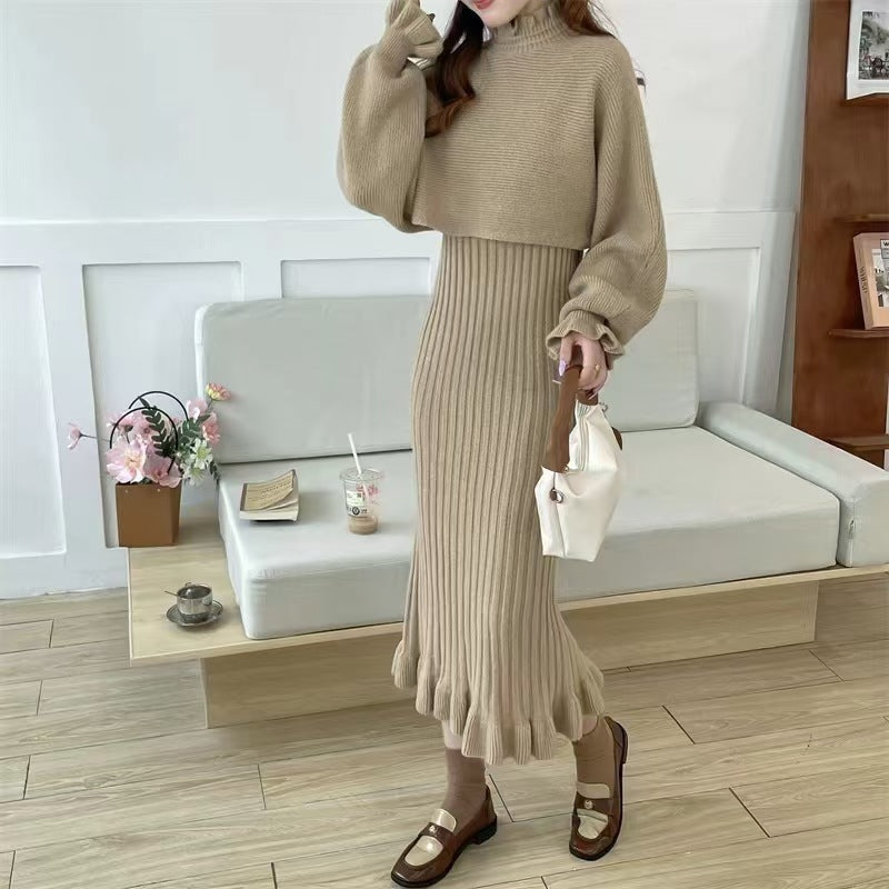 Damen Strickkleid mit hochgeschlossenem Kragen und Rippstruktur Stilzeits