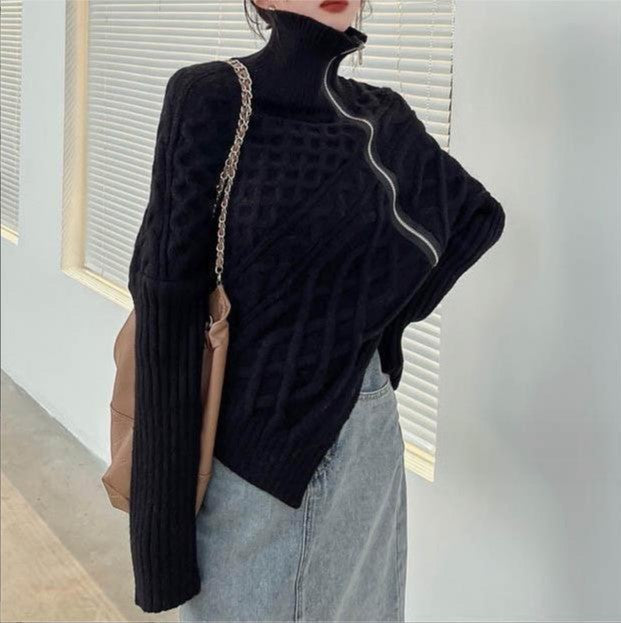 Damen hochwertiger Strickpullover mit hohem Kragen und asymmetrischem Design Stilzeits