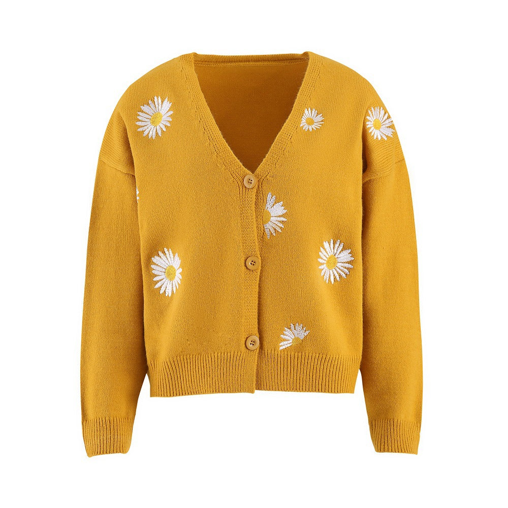 Damen Strickjacke mit Blumenstickerei und V-Ausschnitt Stilzeits