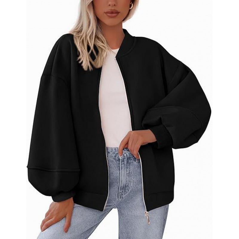 Damen lässige Oversized-Jacke mit Reißverschluss und ballonen Ärmeln Stilzeits