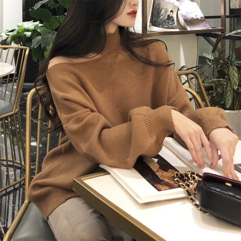 Damen modischer Oversized-Pullover mit schulterfreier Schnittführung und Rollkragen Stilzeits