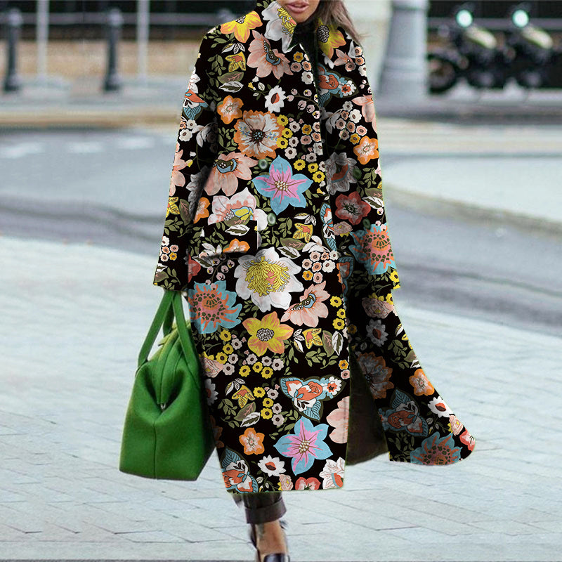 Damen Blumenmuster Maxi-Mantel mit elegantem Reverskragen und schwingendem Saum Stilzeits