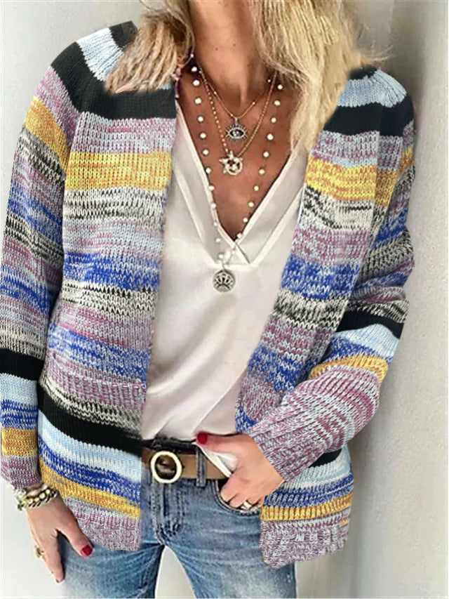 Damen Offen gestrickte Cardigan mit bunten Streifen und lässigem Schnitt Stilzeits