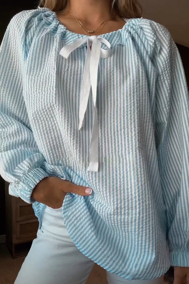 Damen Bluse mit elastischem Ausschnitt und Schleifenbindung Stilzeits