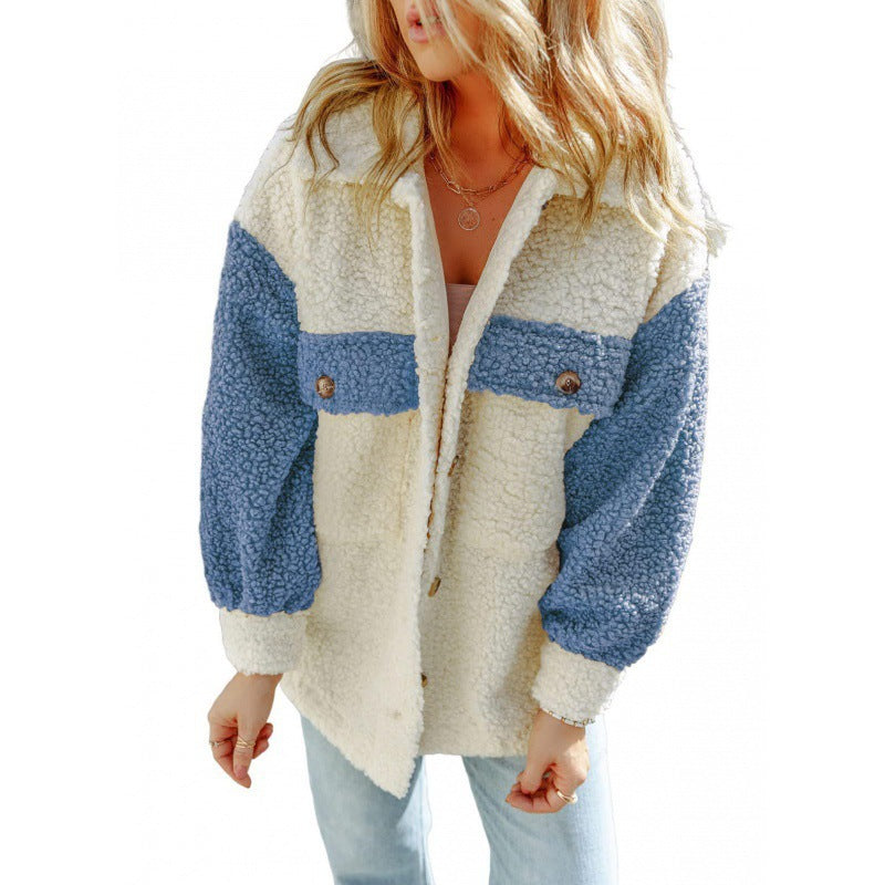 Damen Kuschelige Teddyjacke mit Kontrast-Ärmeln Stilzeits