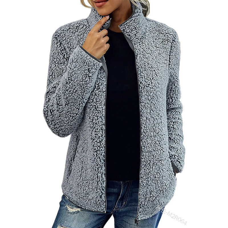 Damen flauschige Fleecejacke mit hohem Kragen und seitlichen Taschen Stilzeits