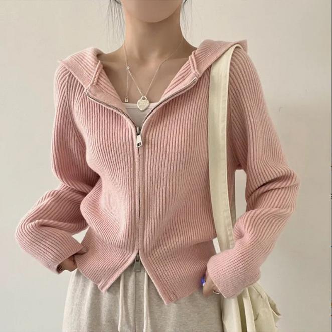 Damen lässige Strickjacke mit Kapuze und Reißverschluss Stilzeits