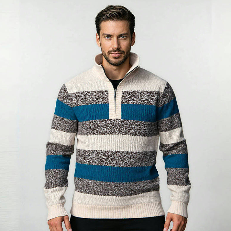Herren modischer Strickpullover mit halbem Reißverschluss und gestreiftem Design Stilzeits