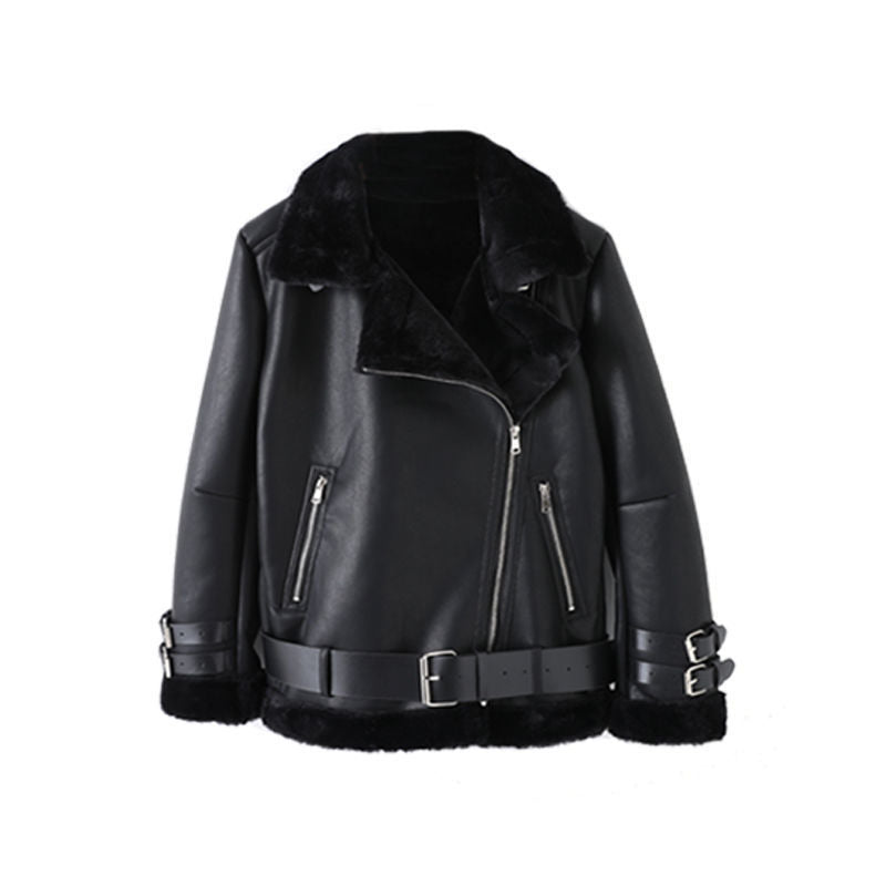 Damen Kunstlederjacke mit abnehmbarem Fellkragen und verstellbarem Gürtel Stilzeits