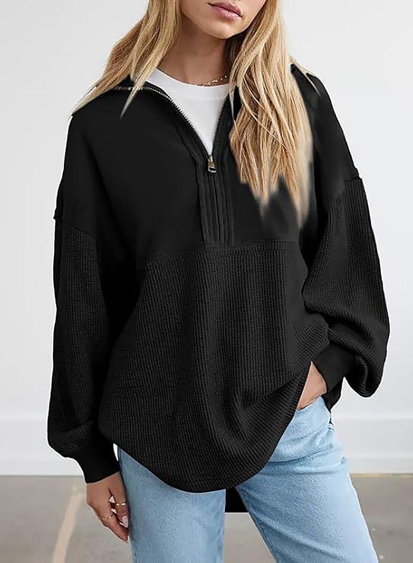 Damen lässiger Kapuzenpullover mit halblangem Reißverschluss und strukturiertem Material Stilzeits
