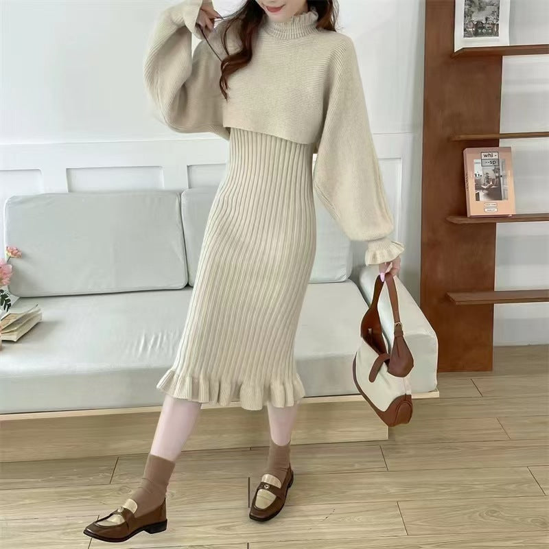 Damen Strickkleid mit hochgeschlossenem Kragen und Rippstruktur Stilzeits