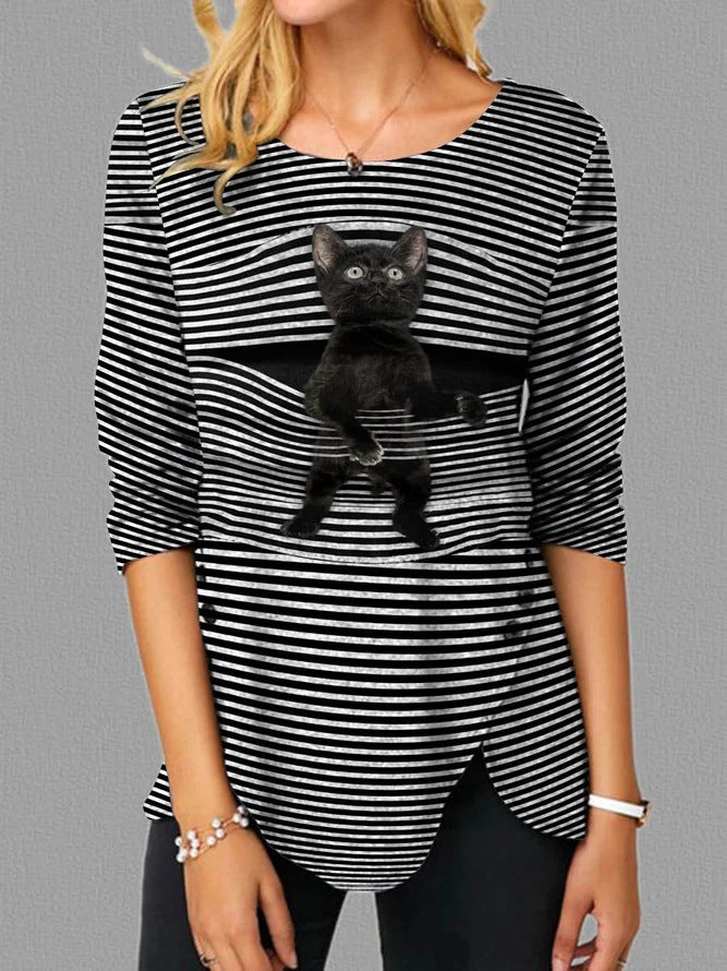 Damen lässige T-Shirt mit Katzenmotiv Stilzeits