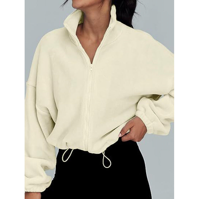 Damen trendy Oversize-Zip-Pullover mit hohem Kragen und Kordelzug Stilzeits