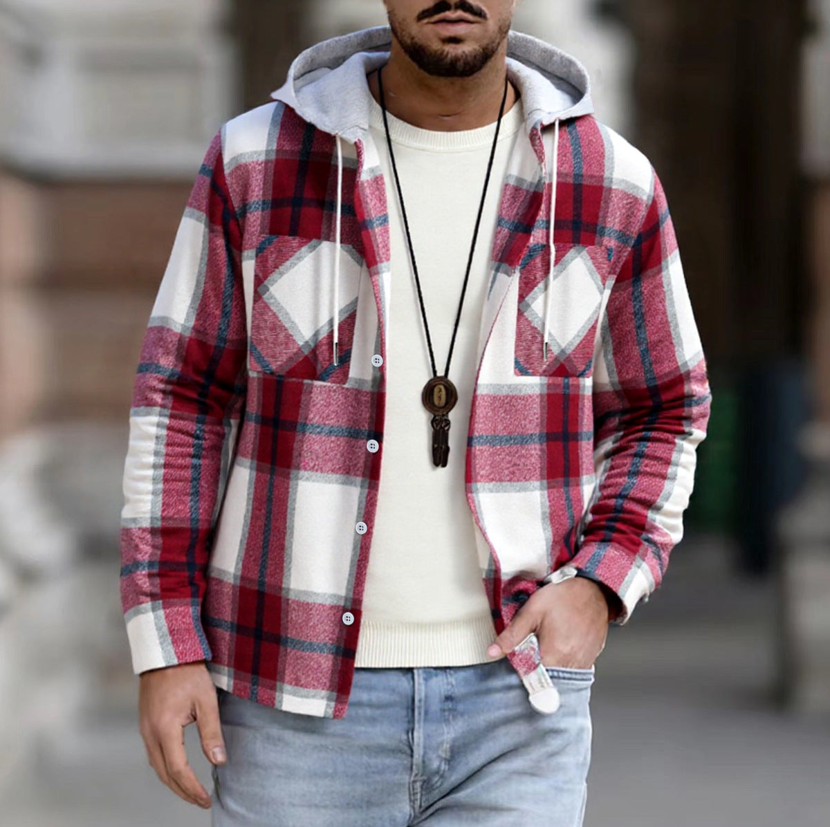 Herren Freizeitjacke mit Kapuze und Karomuster Stilzeits