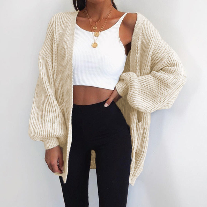 Damen Grobstrick-Cardigan mit weitem Schnitt und lässigen Puffärmeln Stilzeits